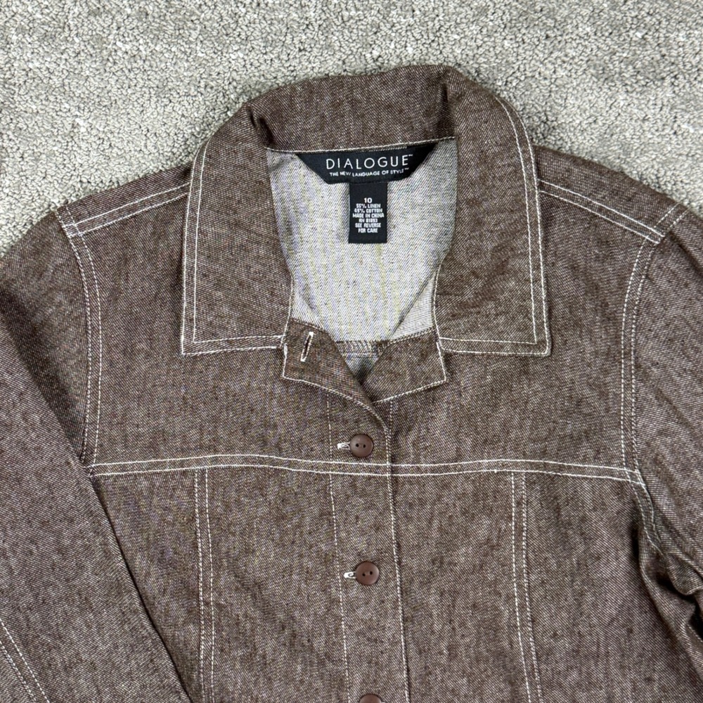 Dialogue Womens Linen Blend Jacket Brown Contrast Stitch Button Front Size 10